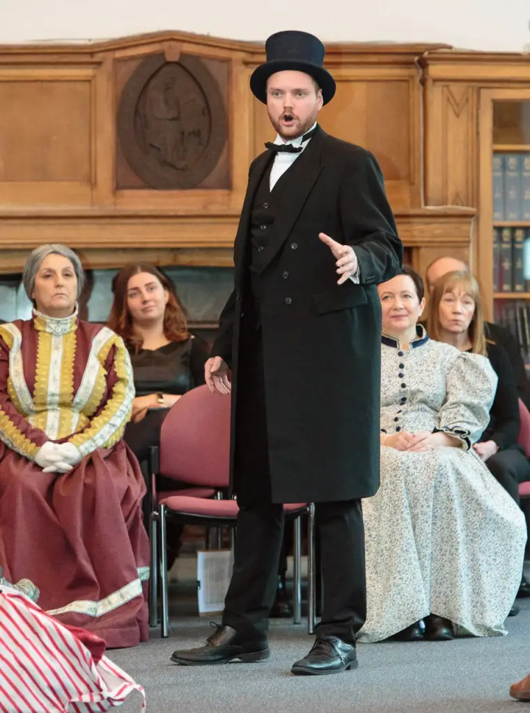 Andrew Carnegie’s great-great-great grandson Joe Whiteman (centre) sings one of the songs from Carnegie the Star Spangled Scotchman at the launch at the Dunfermline Carnegie Library & Galleries.