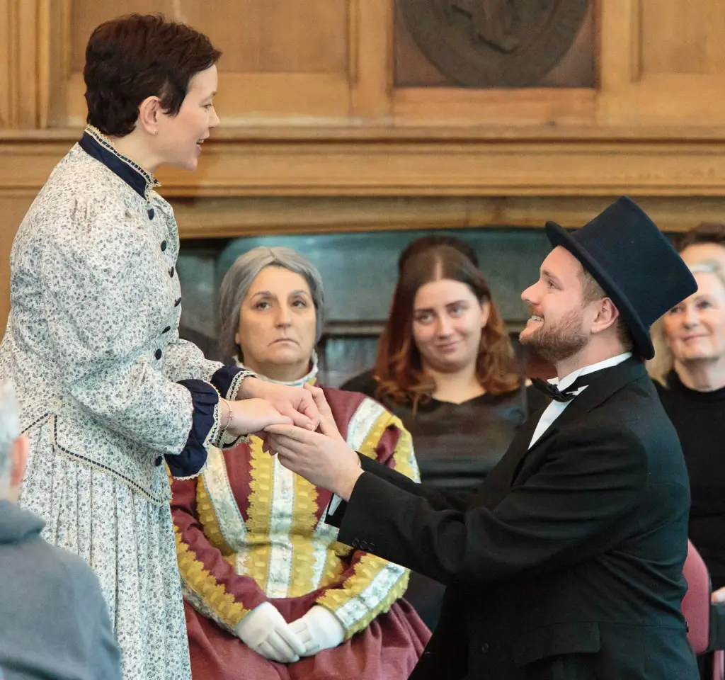 Lorna Brown as his soon-to-be wife Louise, sings to Joe Whiteman as Andrew Carnegie at the launch of Carnegie the Star Spangled Scotchman at the Dunfermline Carnegie Library & Galleries.